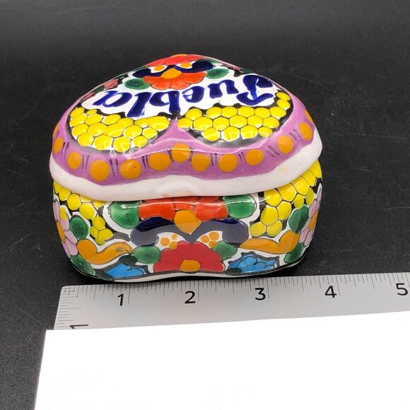 Puebla Mexico Signed Pottery Lidded Dish Handmade Trinket Jewelry Heart Flowers - Picture 8 of 10